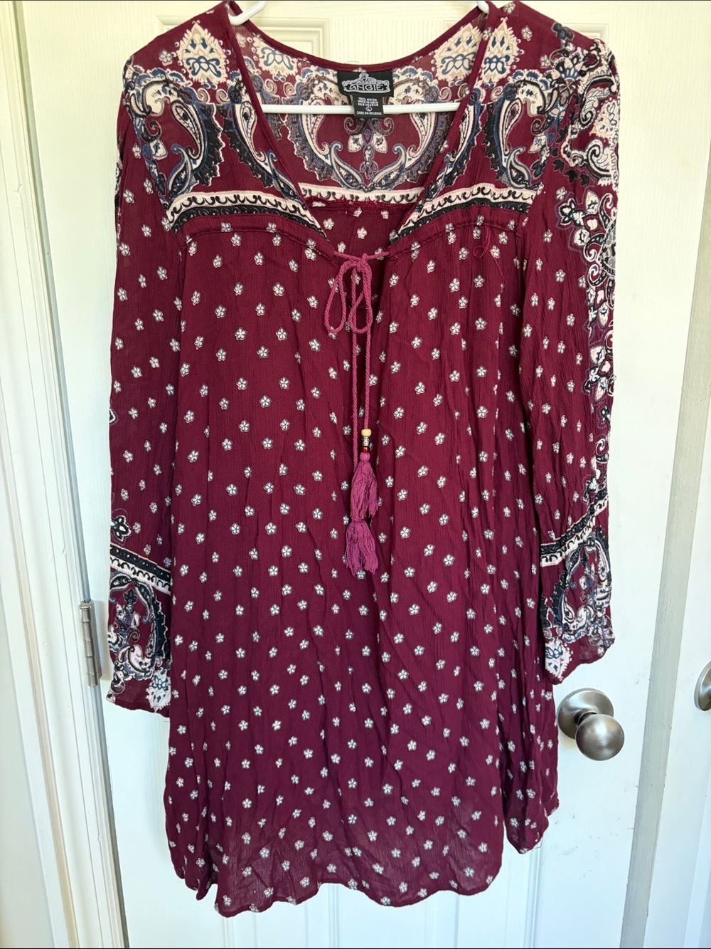 Angie Burgundy Paisley Tie-Front Bohemian Blouse